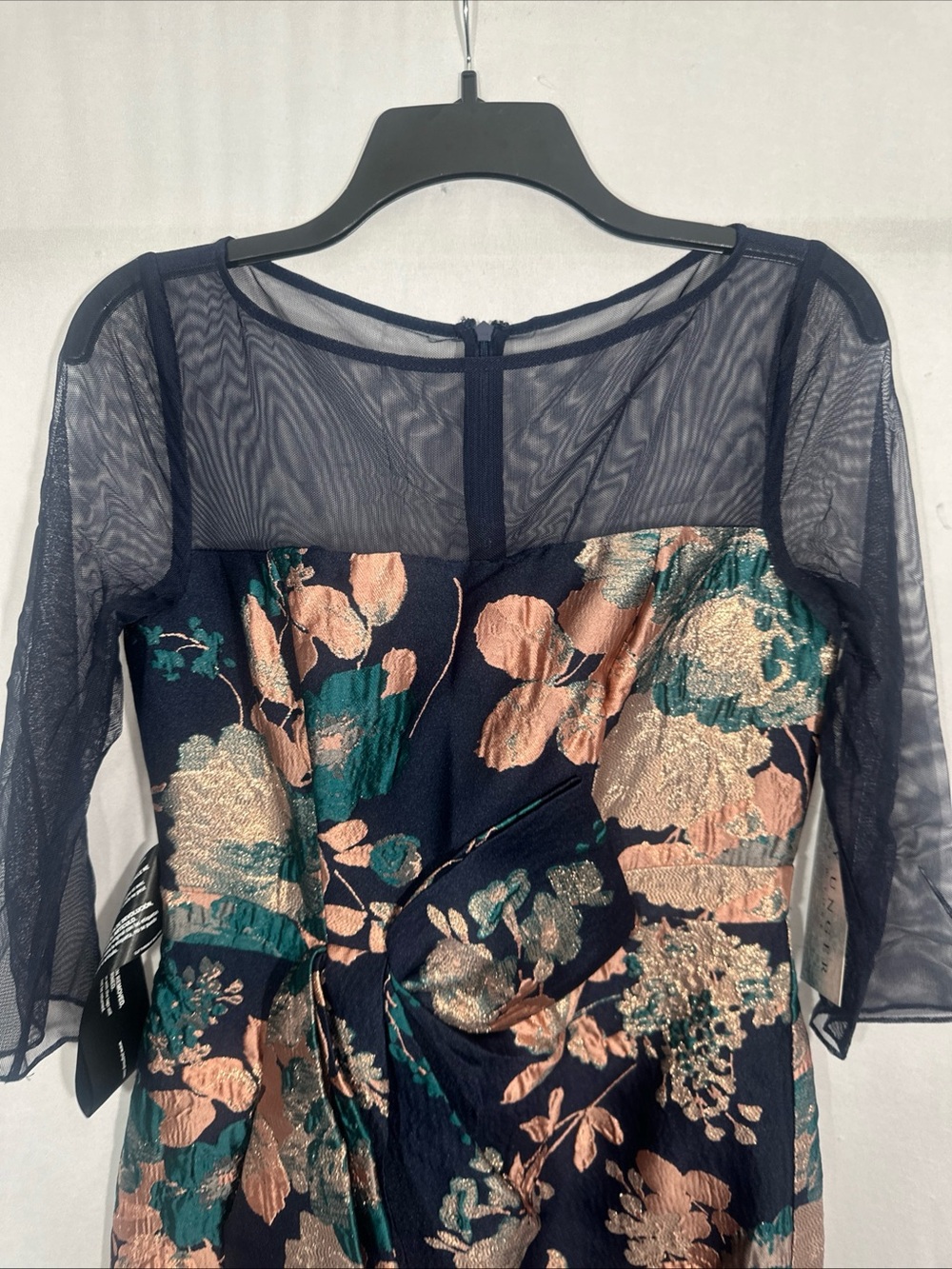 NWT $318 Kay Unger [ 6 ] Floral Jacquard Catrina 3D Bow‎ Gown Navy ApricotBlue - Picture 10 of 15